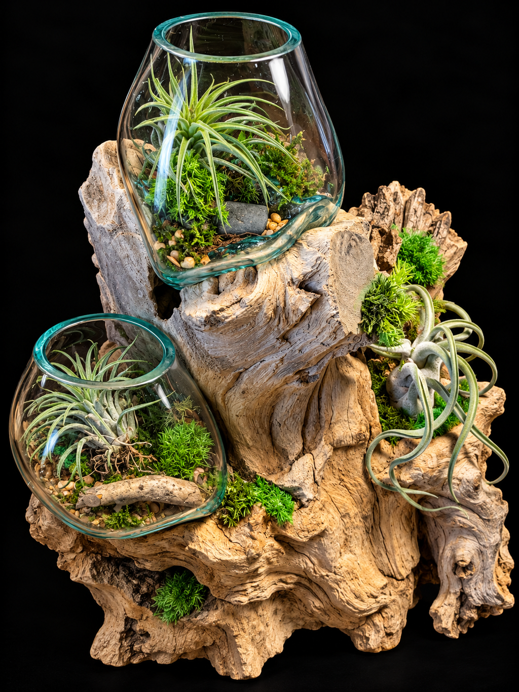 Handgeblazen glas op drijfhout met Tillandsia – 40 cm