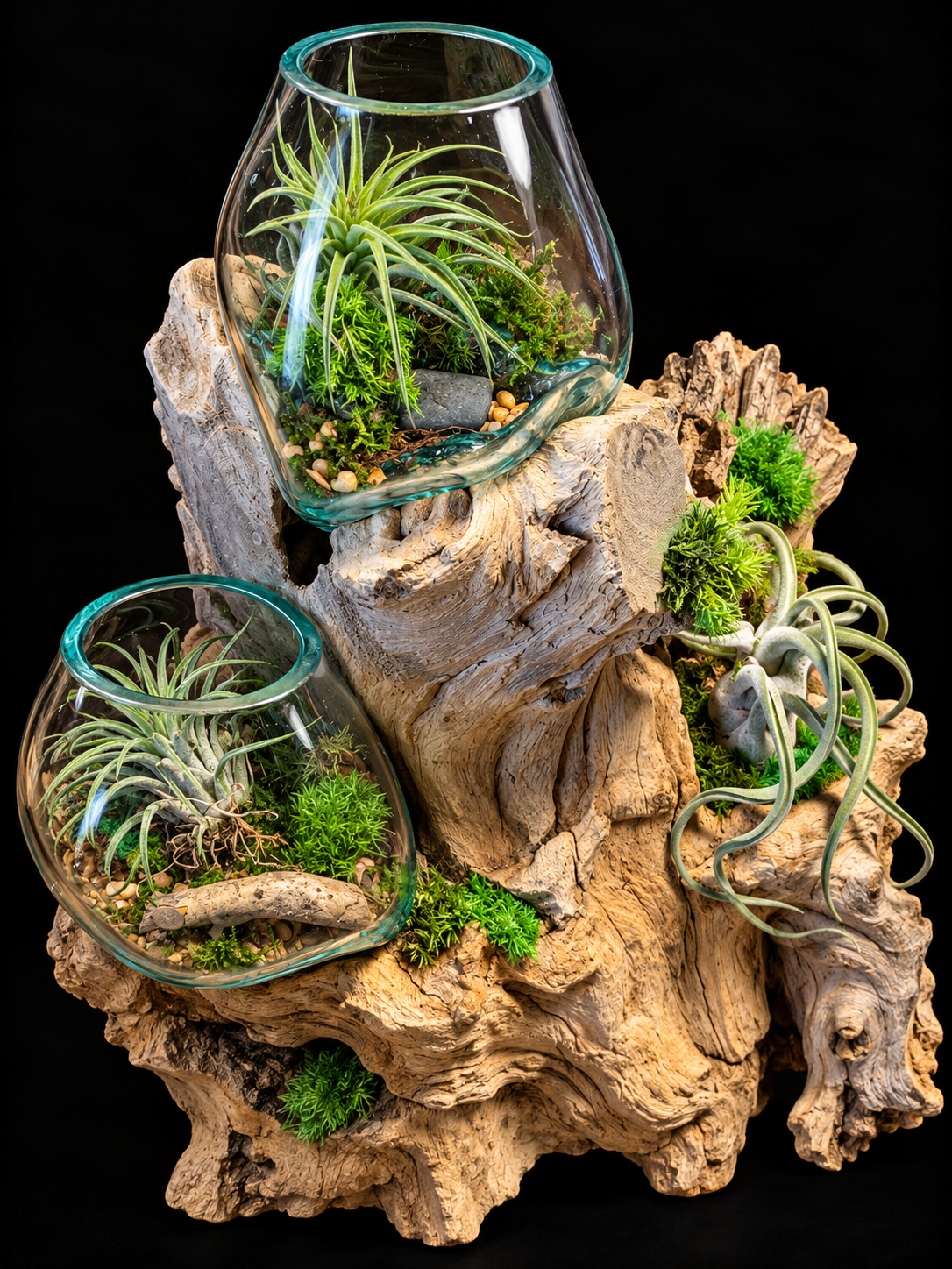 Handgeblazen glas op drijfhout met Tillandsia – 40 cm