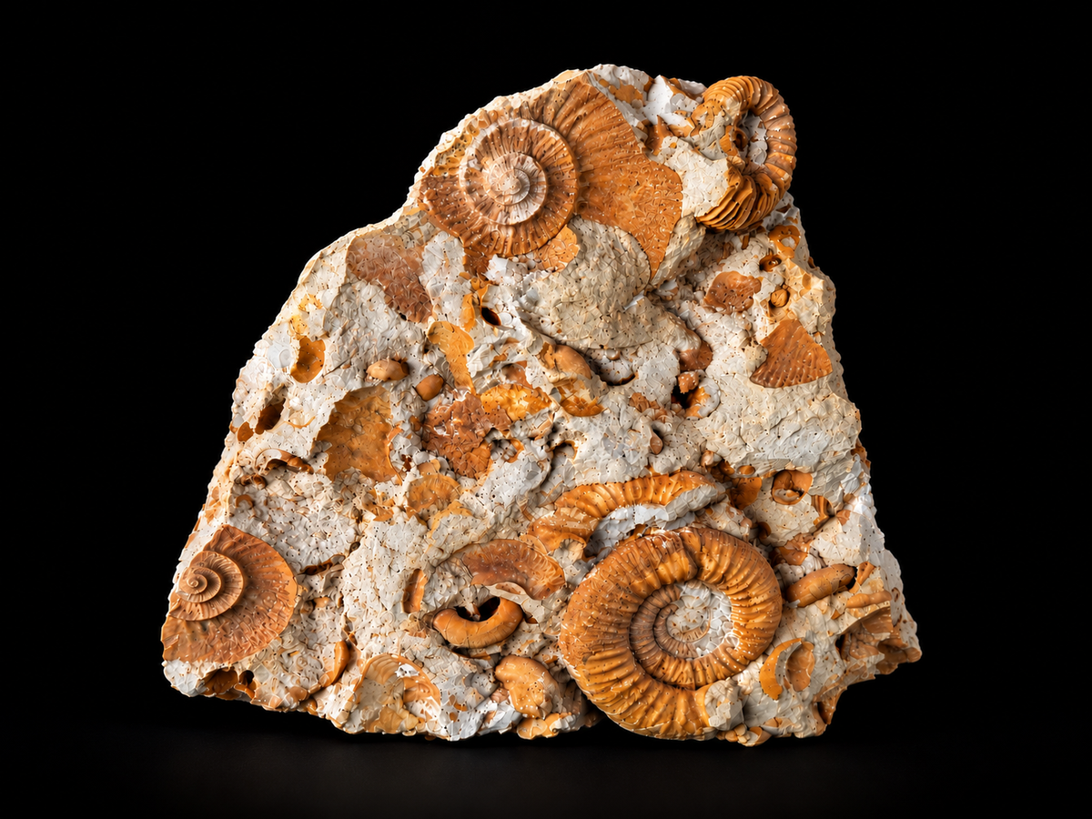 Fossiele ammonietenplaat (cluster) – Meerdere ammonieten in natuurlijke kalksteen – 20 × 20 cm