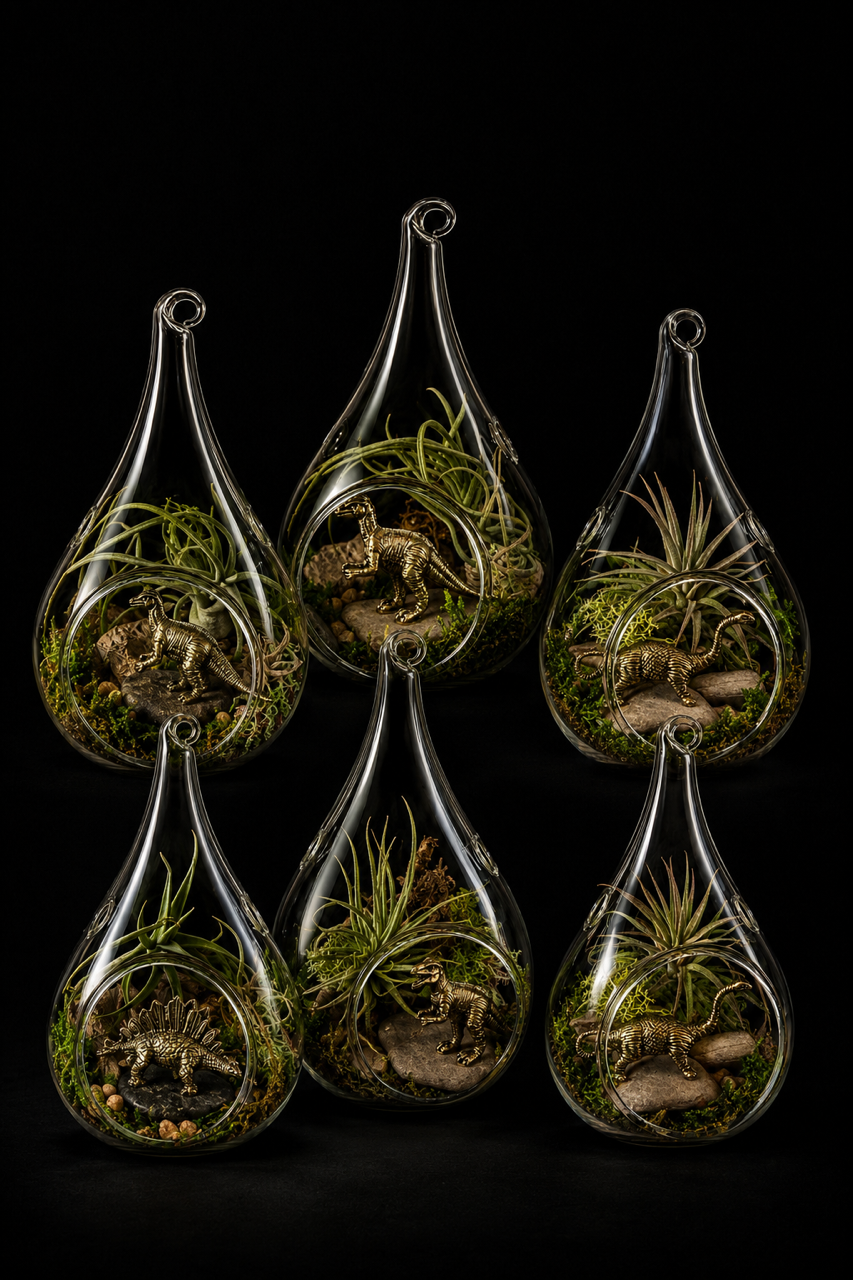 Glazen mini-terrarium met Tillandsia & dinosaurus – 13 cm