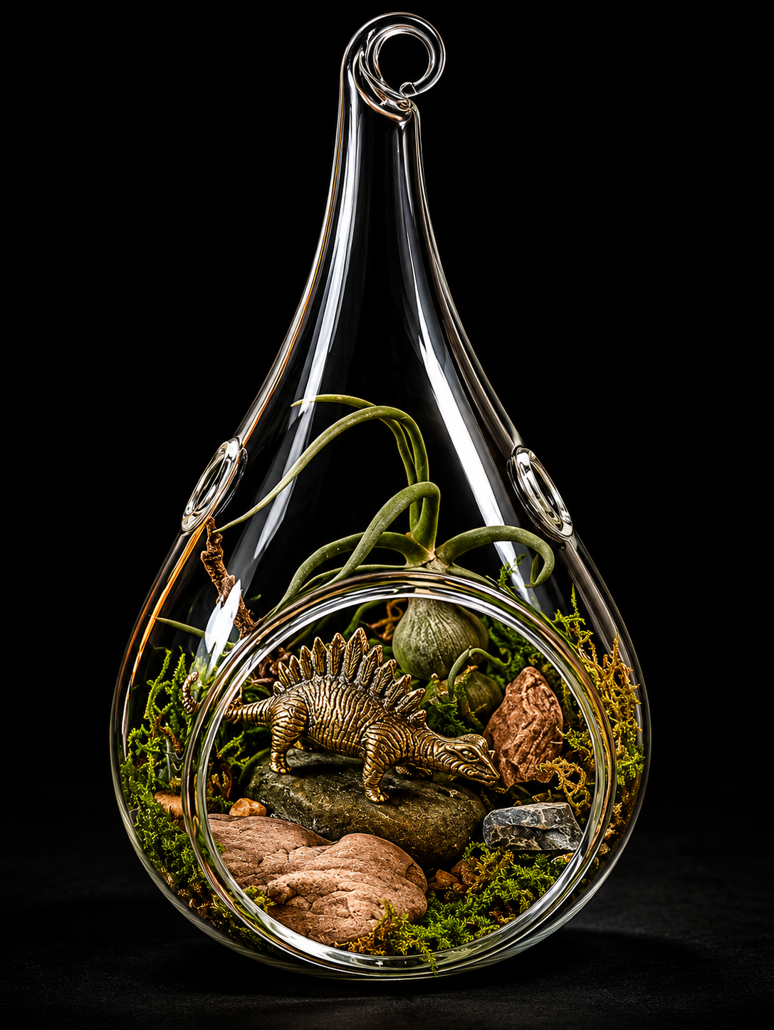 Glazen mini-terrarium met Tillandsia & dinosaurus – 13 cm