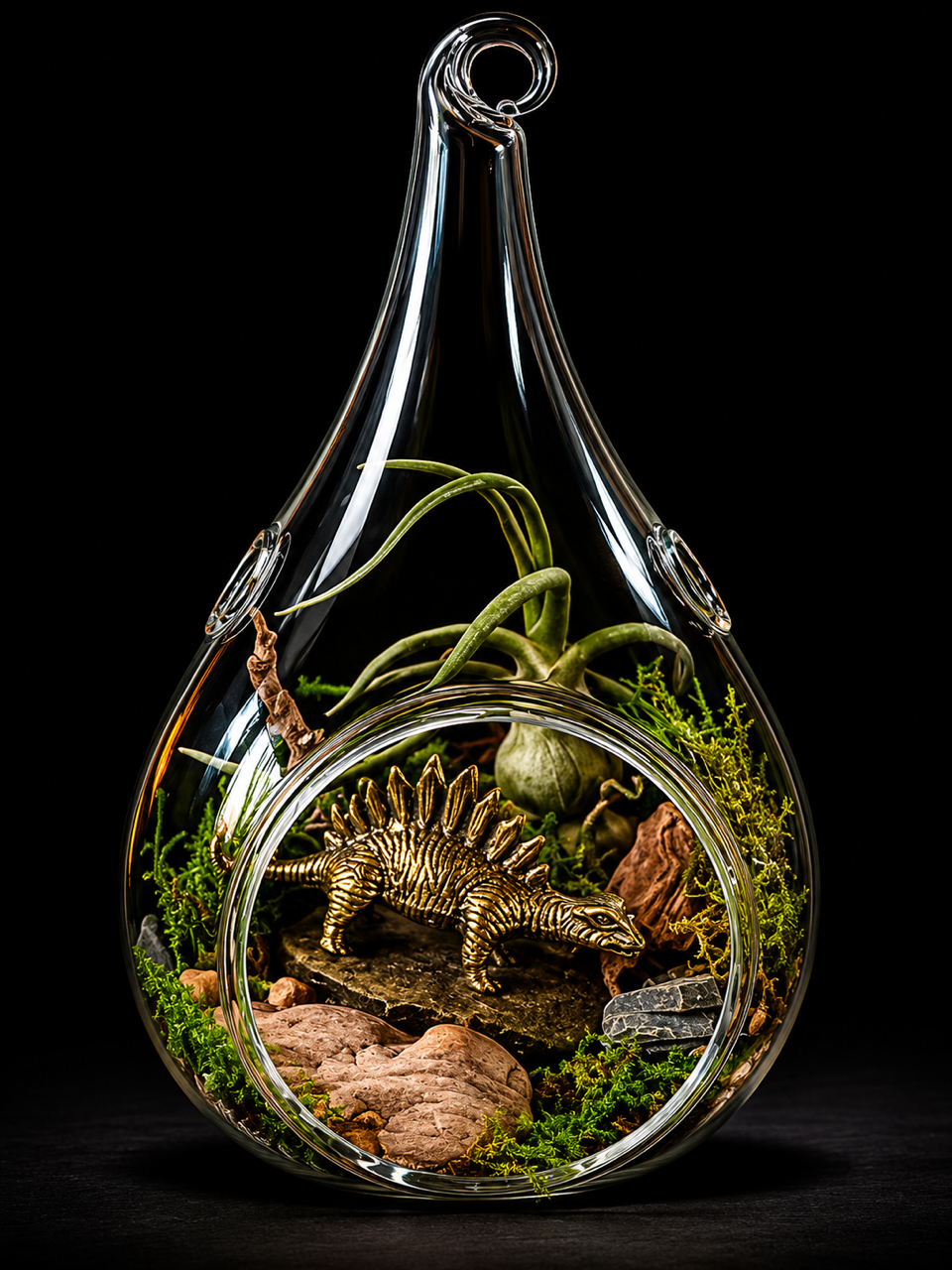 Glazen mini-terrarium met Tillandsia & dinosaurus – 13 cm