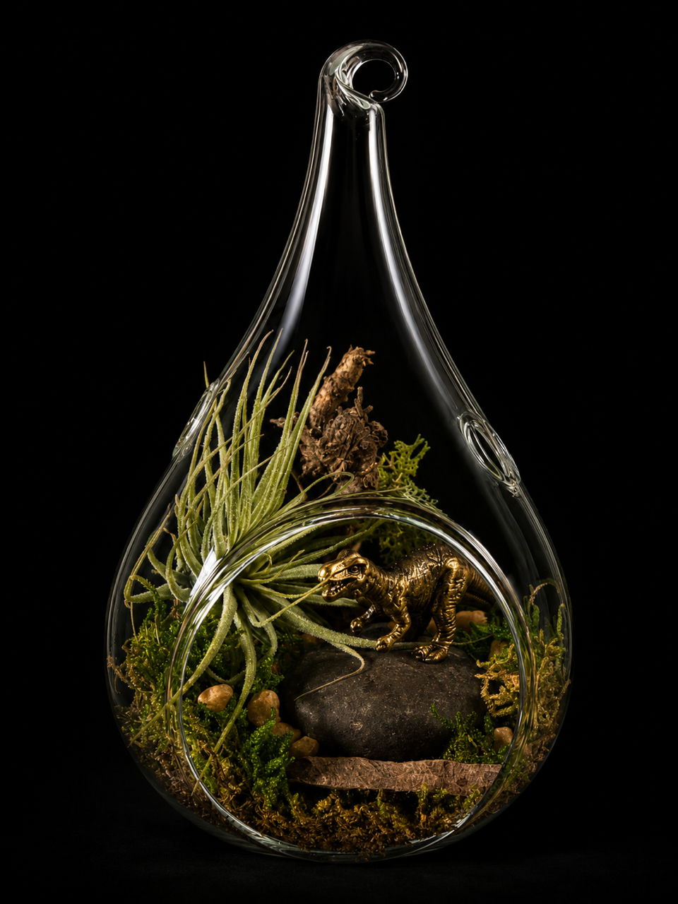 Glazen mini-terrarium met Tillandsia & dinosaurus – 13 cm