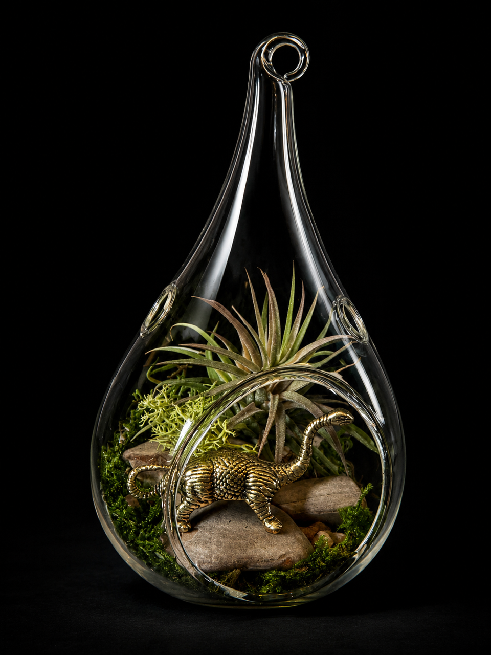 Glazen mini-terrarium met Tillandsia & dinosaurus – 13 cm
