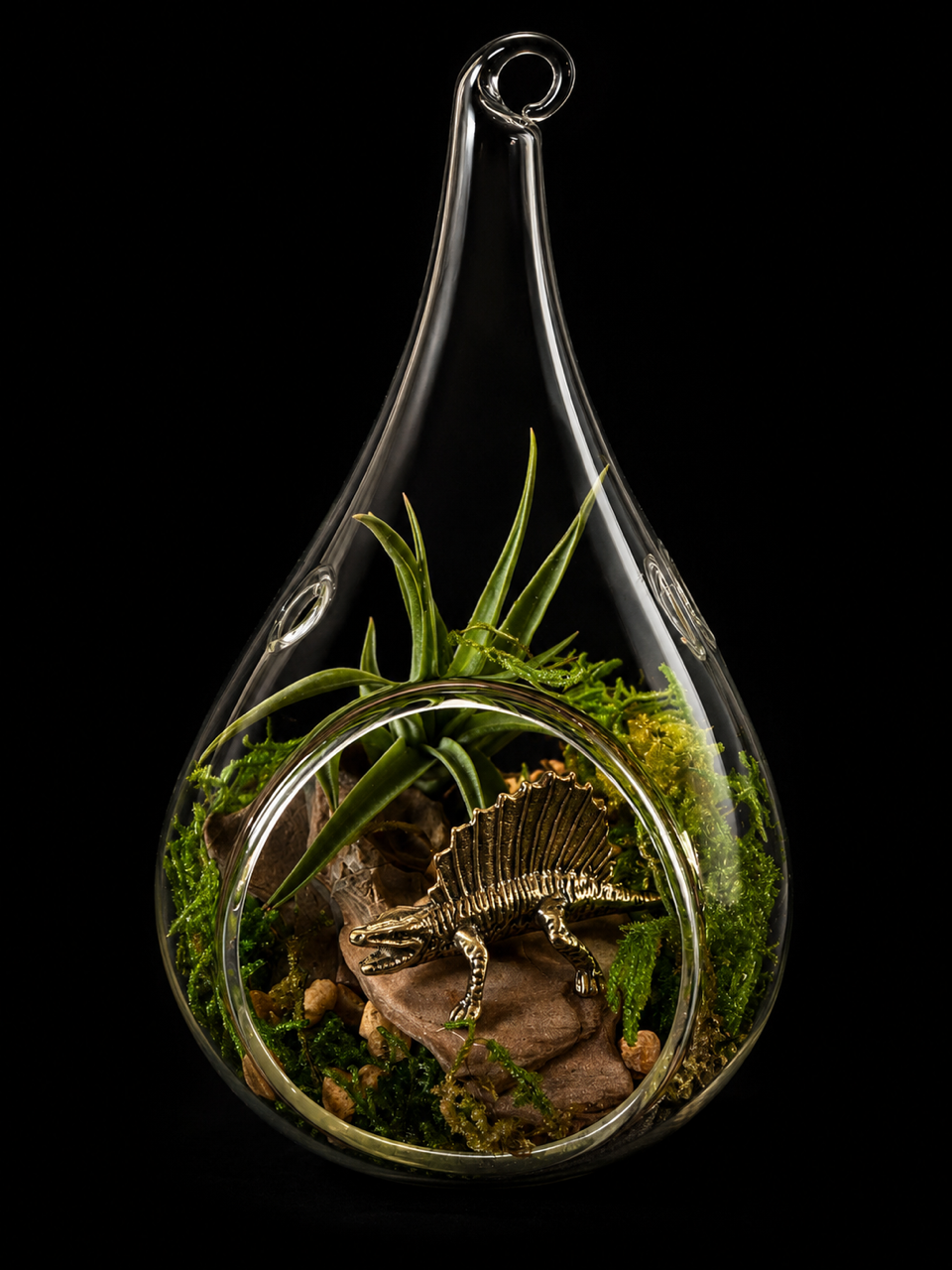 Glazen mini-terrarium met Tillandsia & dinosaurus – 13 cm