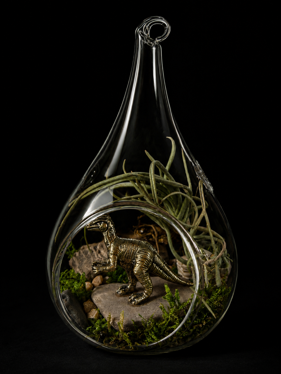 Glazen mini-terrarium met Tillandsia & dinosaurus – 13 cm