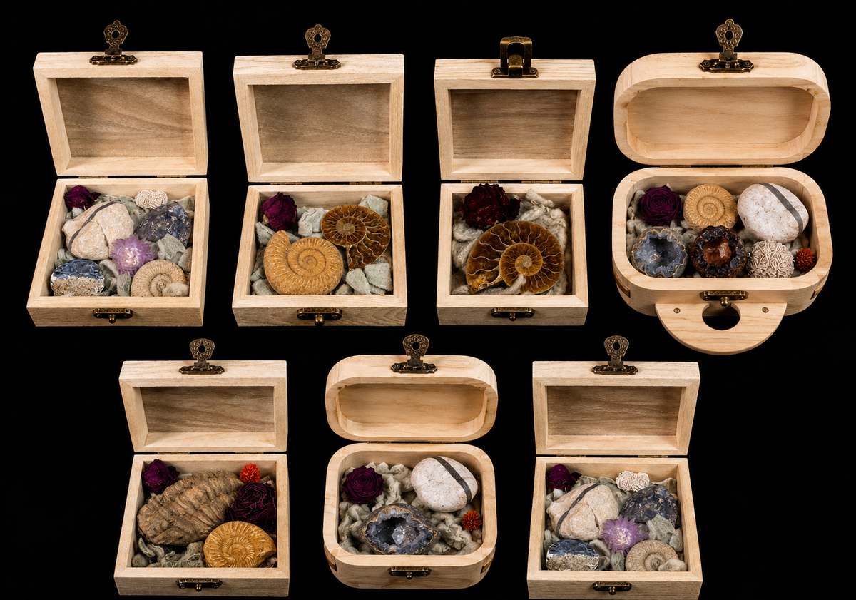 Natuurdoosje met fossielen & mineralen – unieke samenstelling